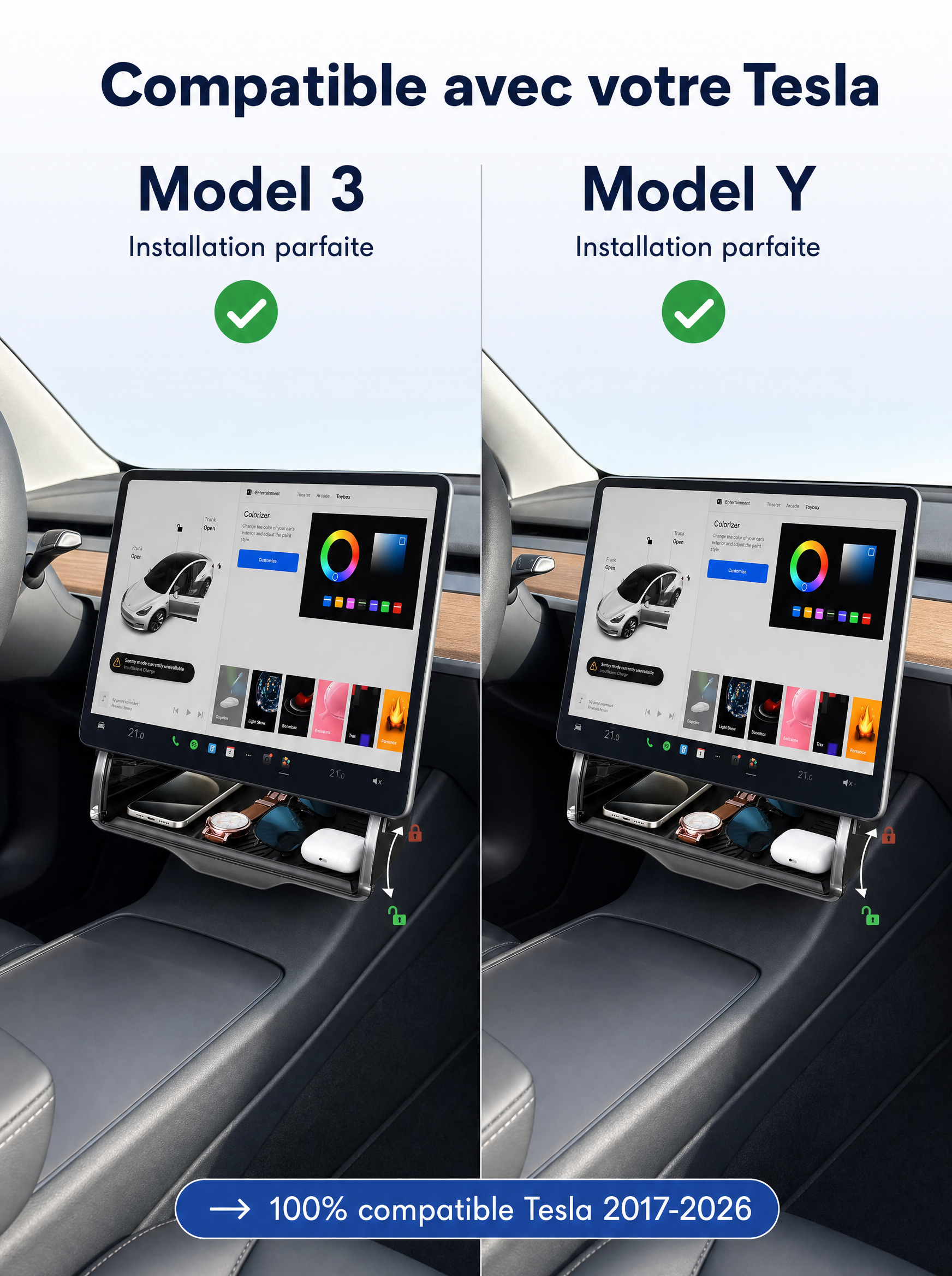 Tesline® Rangement Invisible sous écran pour Tesla Model Y/3
