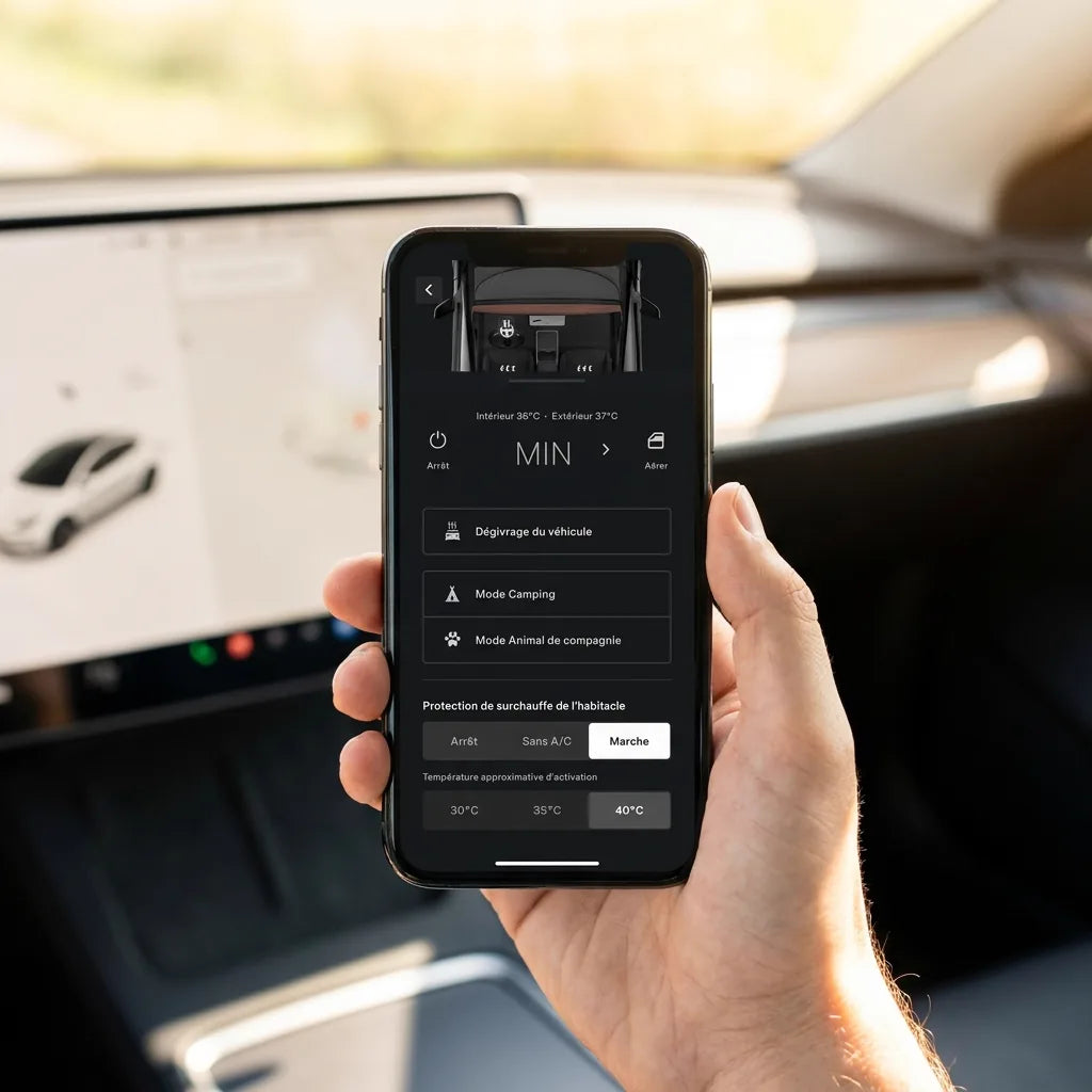 Protection de surchauffe de l'habitacle sur Marche dans l'application Tesla, seuil d'activation à 40 °C