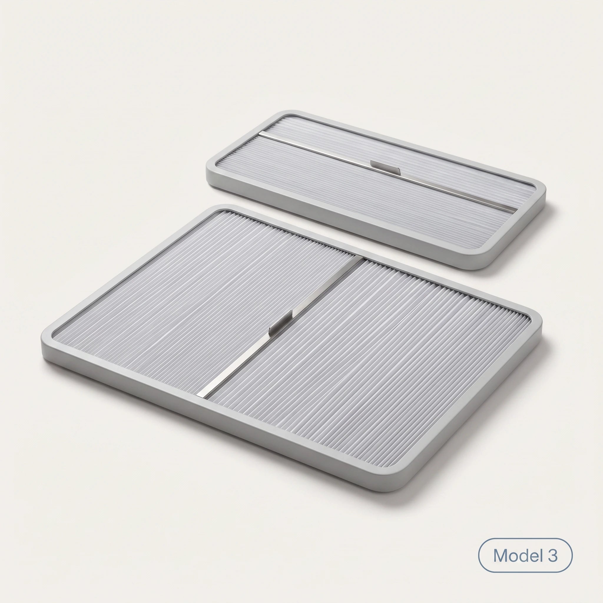 Packshot du pare-soleil rétractable Tesline — les deux cadres du kit Tesla Model 3