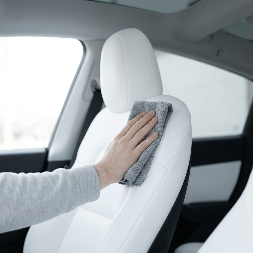 Nettoyage d'un siège blanc de Tesla avec une microfibre