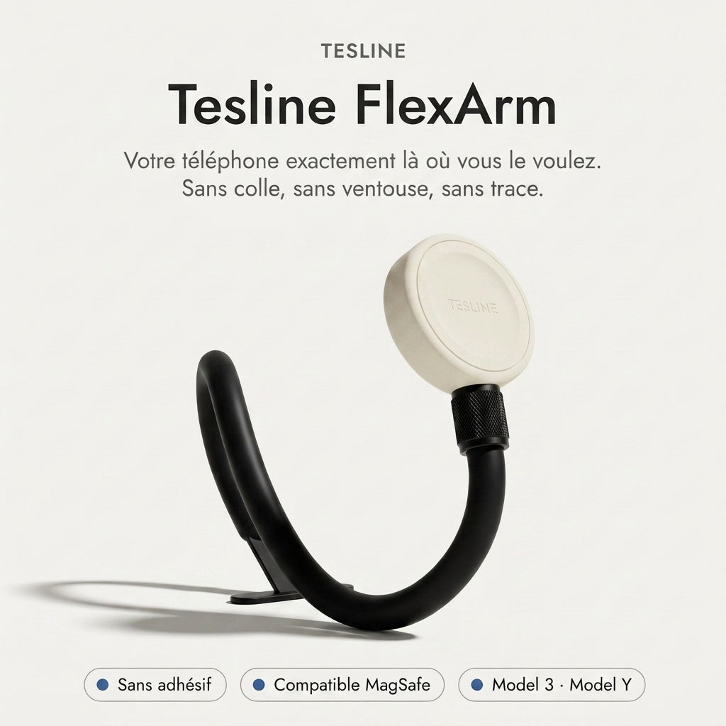 Tesline FlexArm — Support téléphone col-de-cygne pour Tesla Model 3 et Model Y