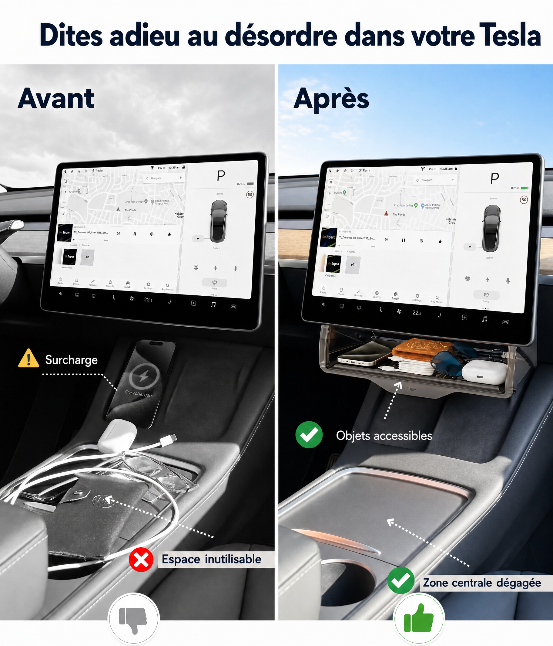 Tesline® Rangement Invisible sous écran pour Tesla Model Y/3