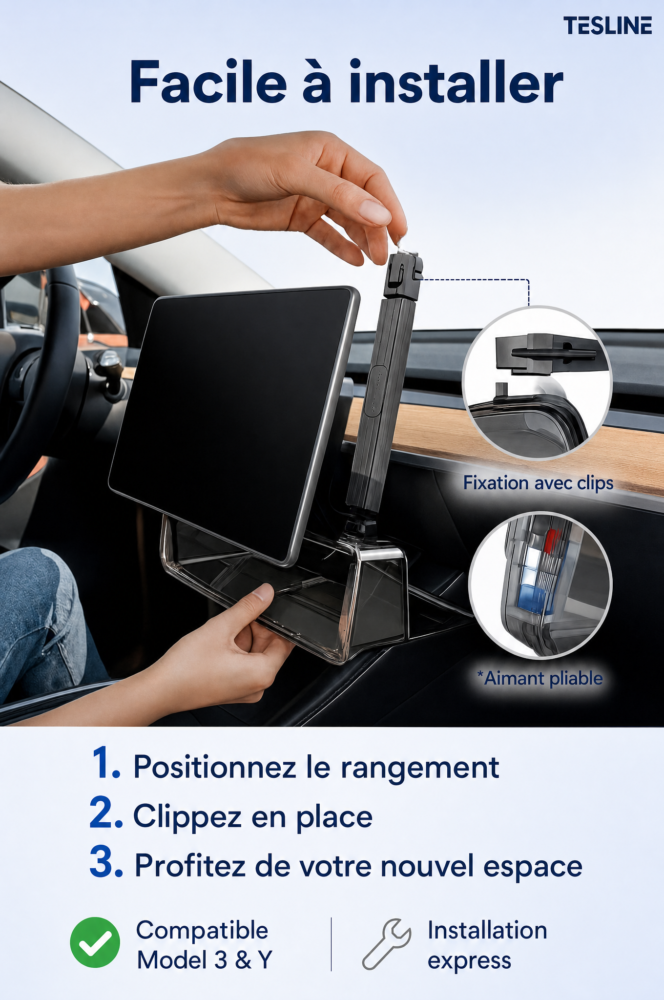 Organisateur de rangement sous écran amélioré pour Tesla Model Y Juniper Model 3 Highland 2024 2025 2026 avec rangement caché central et anti-dérapant