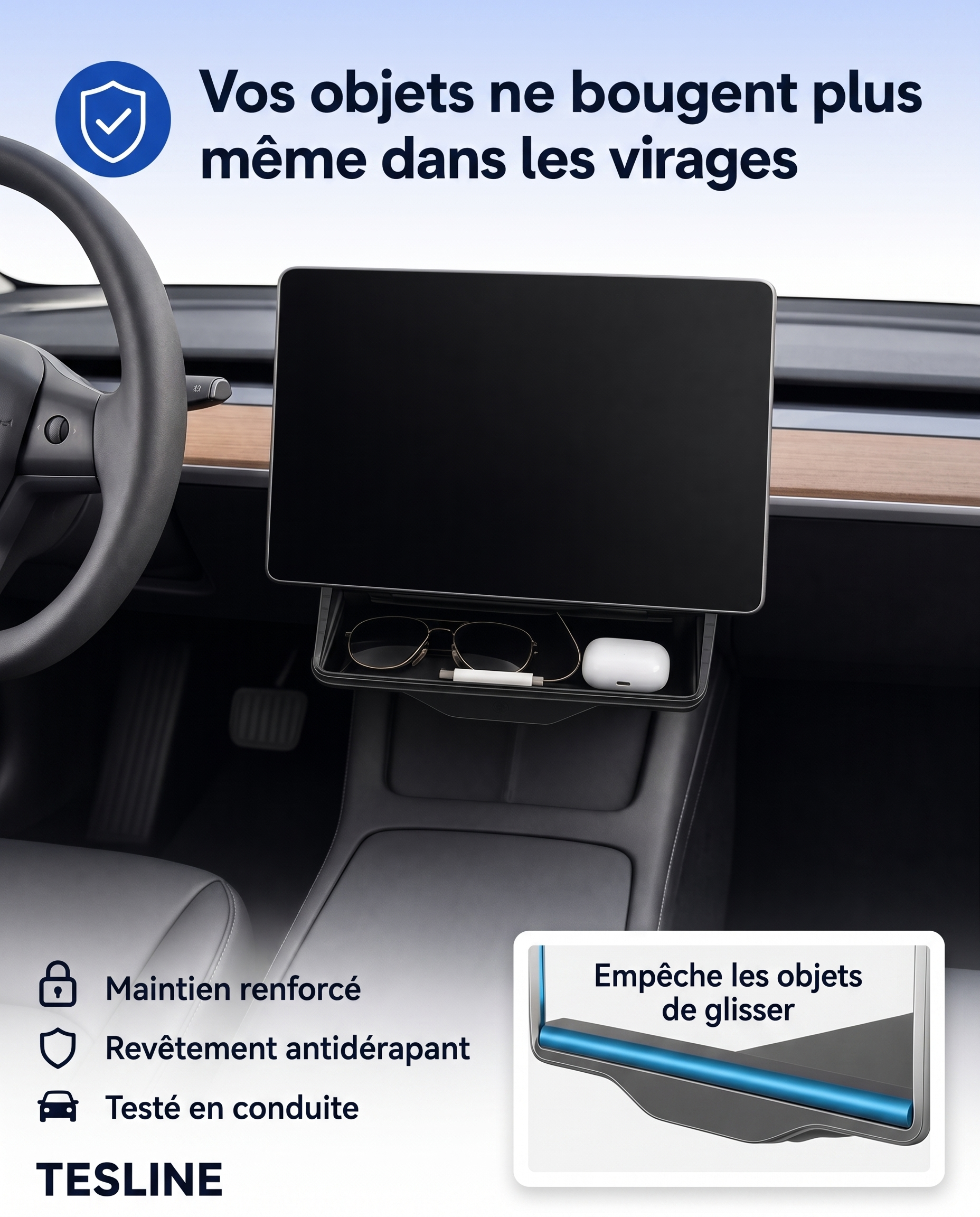 Tesline® Rangement Invisible sous écran pour Tesla Model Y/3
