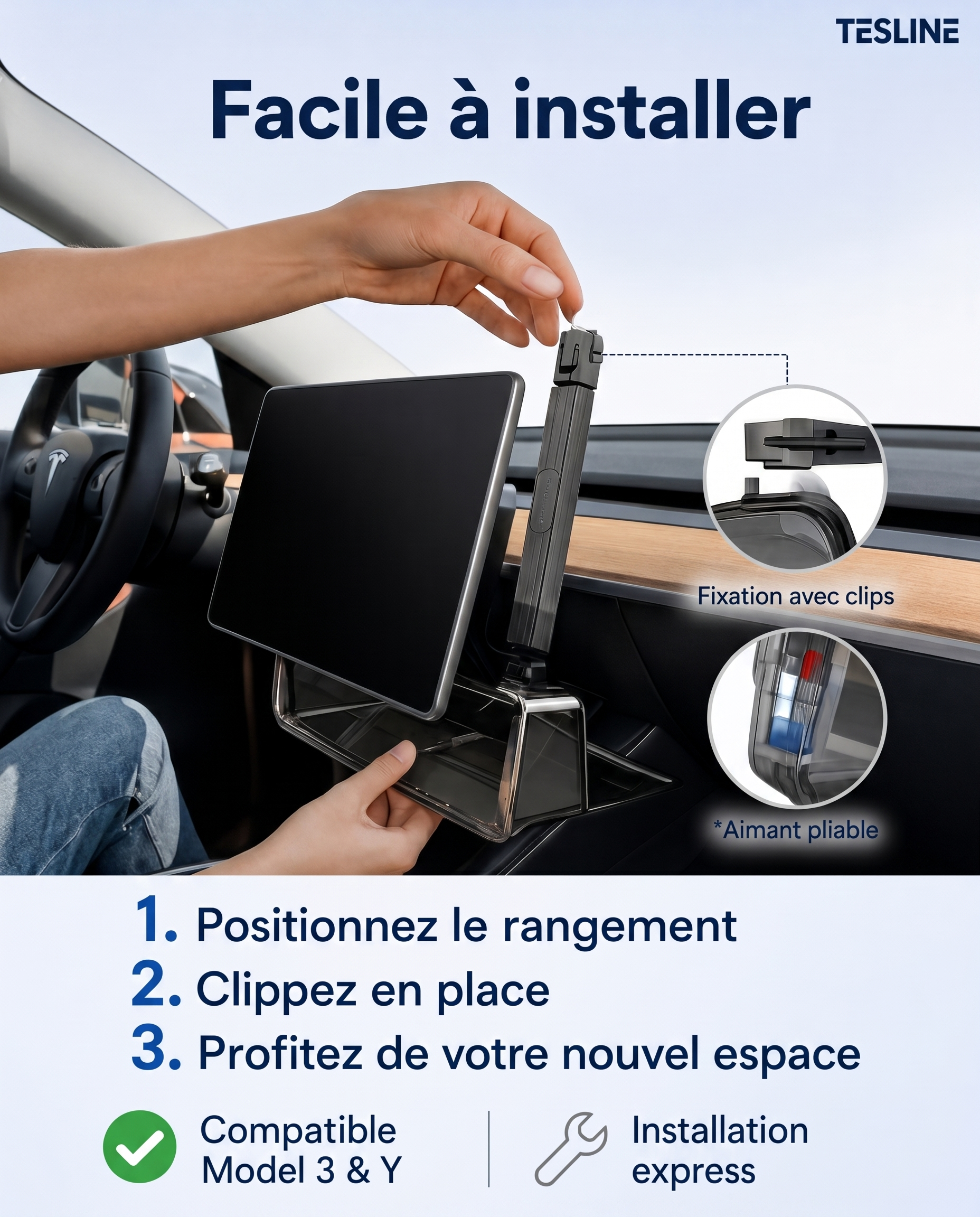 Tesline® Rangement Invisible sous écran pour Tesla Model Y/3