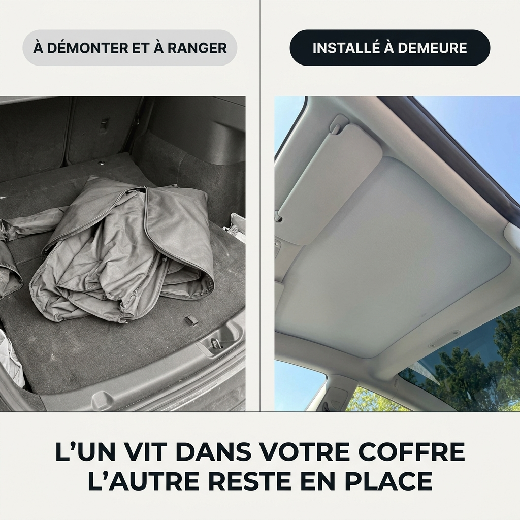 Le pare-soleil d'origine vit dans le coffre, le store reste en place