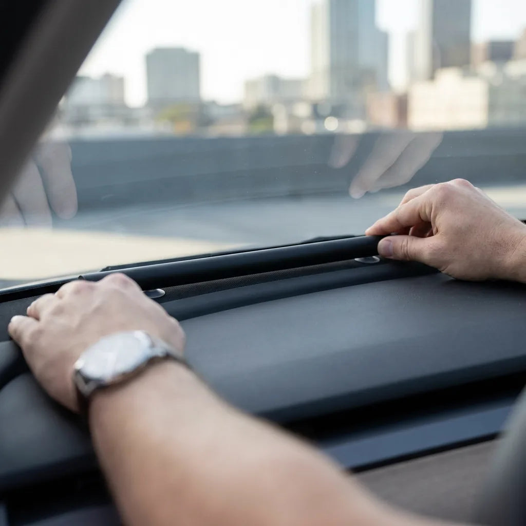 Deux mains plaquant la barre de l'enrouleur sur ses ventouses, au ras du bas du pare-brise d'une Tesla