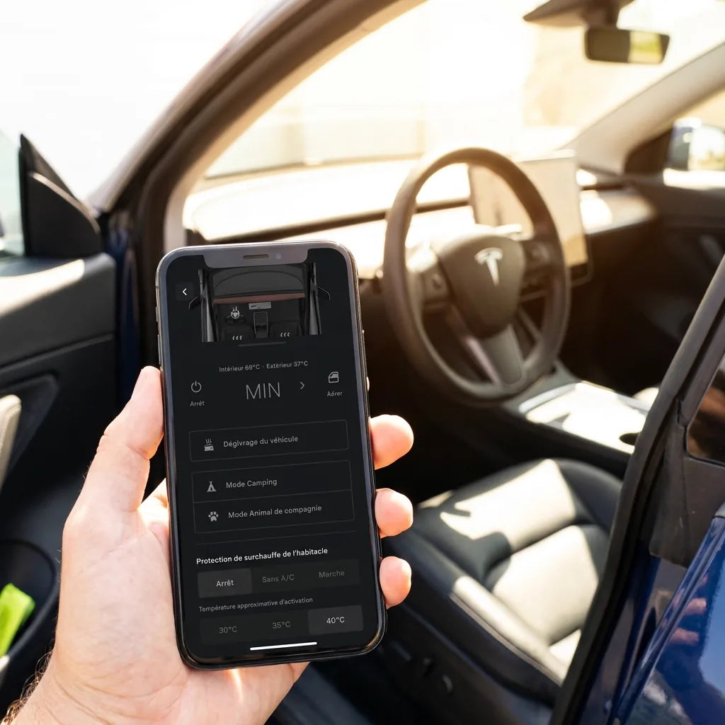 Application Tesla dans la main, affichant un habitacle à 69 °C pour 37 °C à l'extérieur
