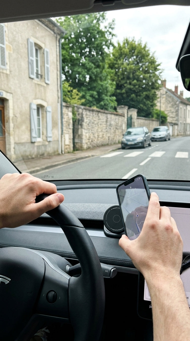Téléphone posé sur le support magnétique du tableau de bord
