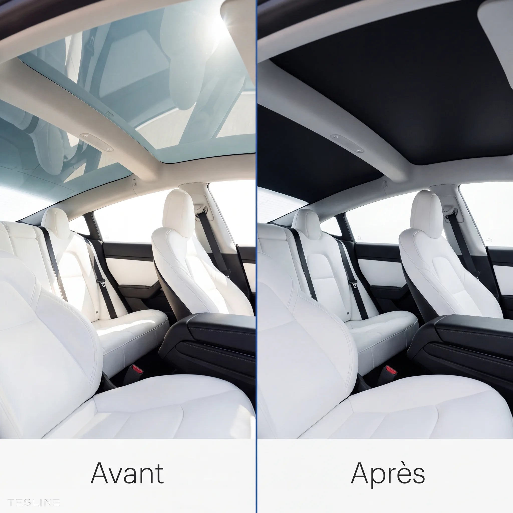Avant après du toit panoramique Tesla avec le pare-soleil occultant Tesline
