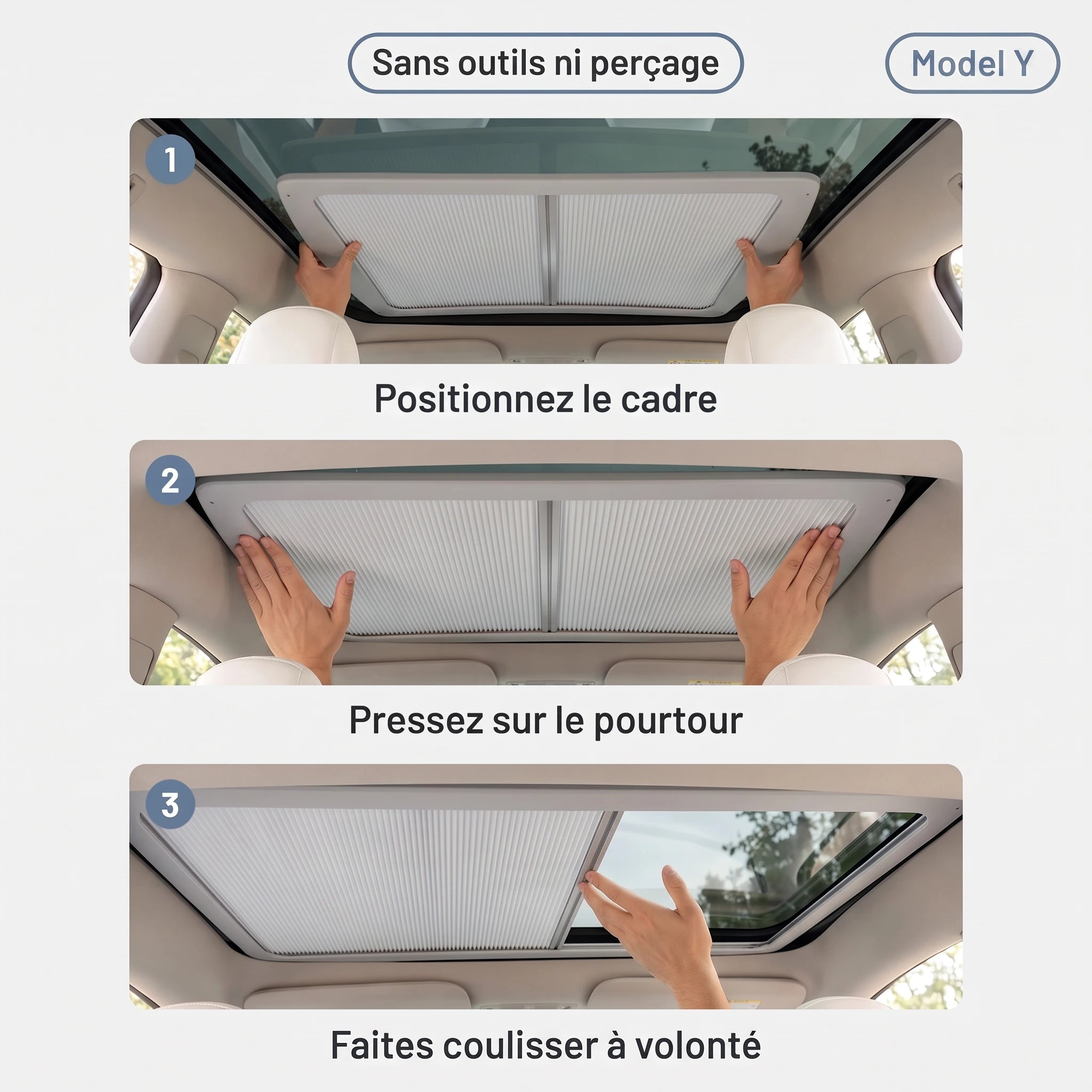 Pose du pare-soleil de toit en trois étapes sans outils — Tesla Model Y