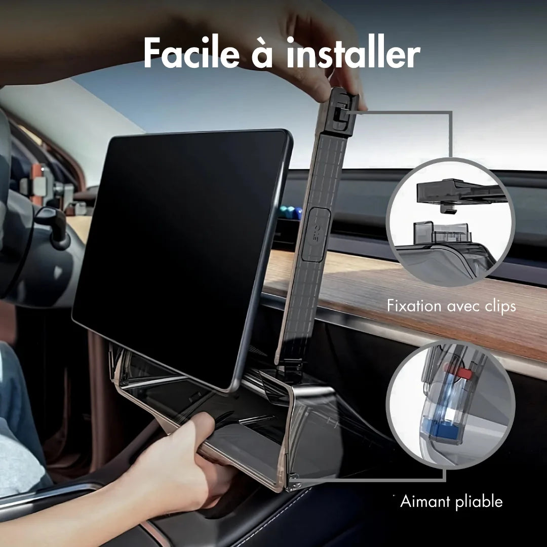 Rangement invisible sous écran Tesla : pose facile, fixation par clips et aimant pliable