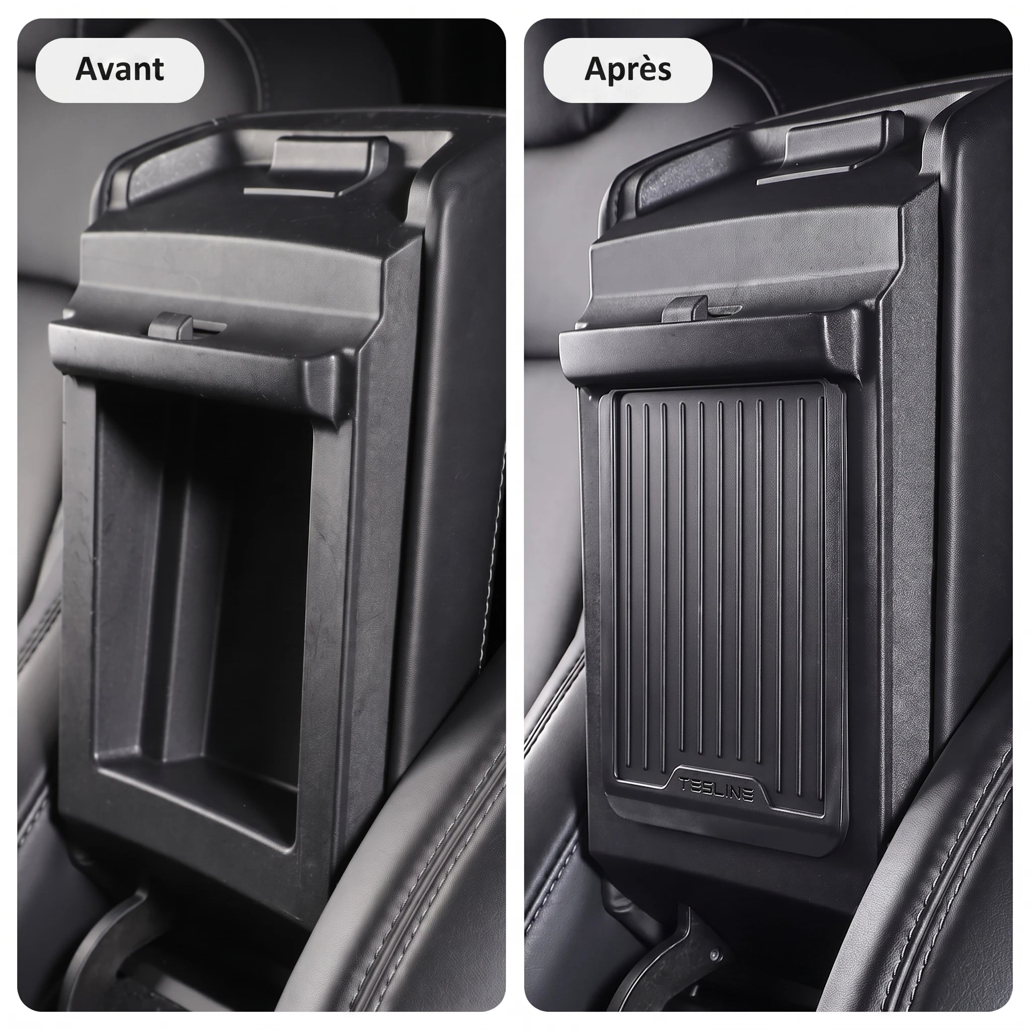 Avant après installation du rangement invisible sous accoudoir Tesla Model 3 et Y