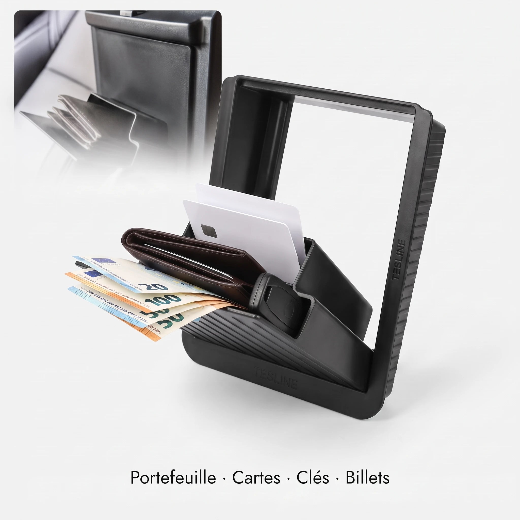 Capacité du rangement caché Tesla : portefeuille, cartes, clés, billets