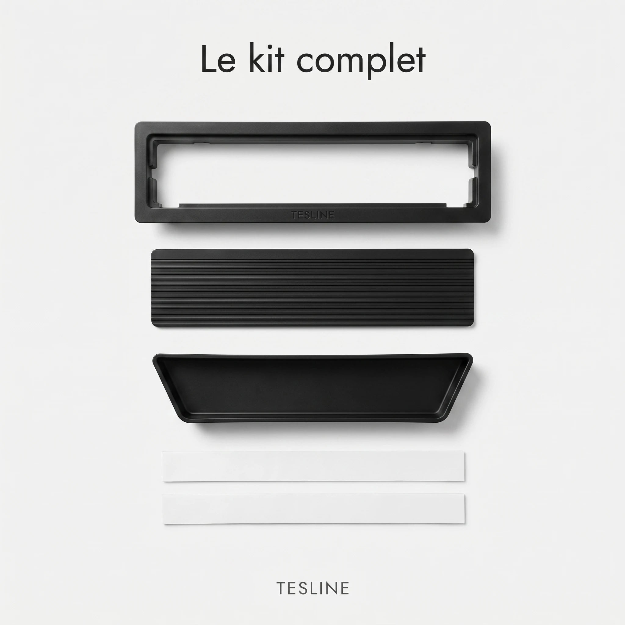 Contenu du kit rangement invisible Tesline : cadre, cache strié, pochette, adhésifs