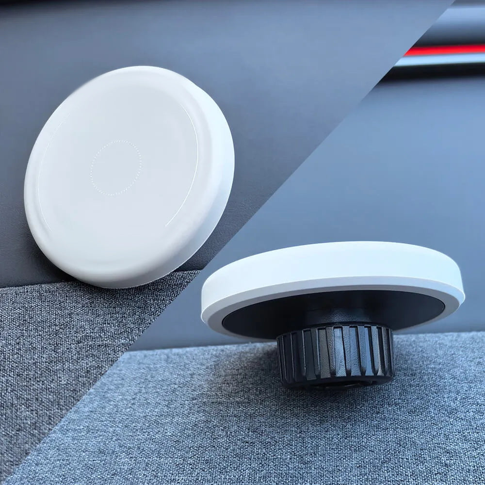Palet magnétique du support Tesline VentArm vu de face et de dos, avec sa collerette moletée
