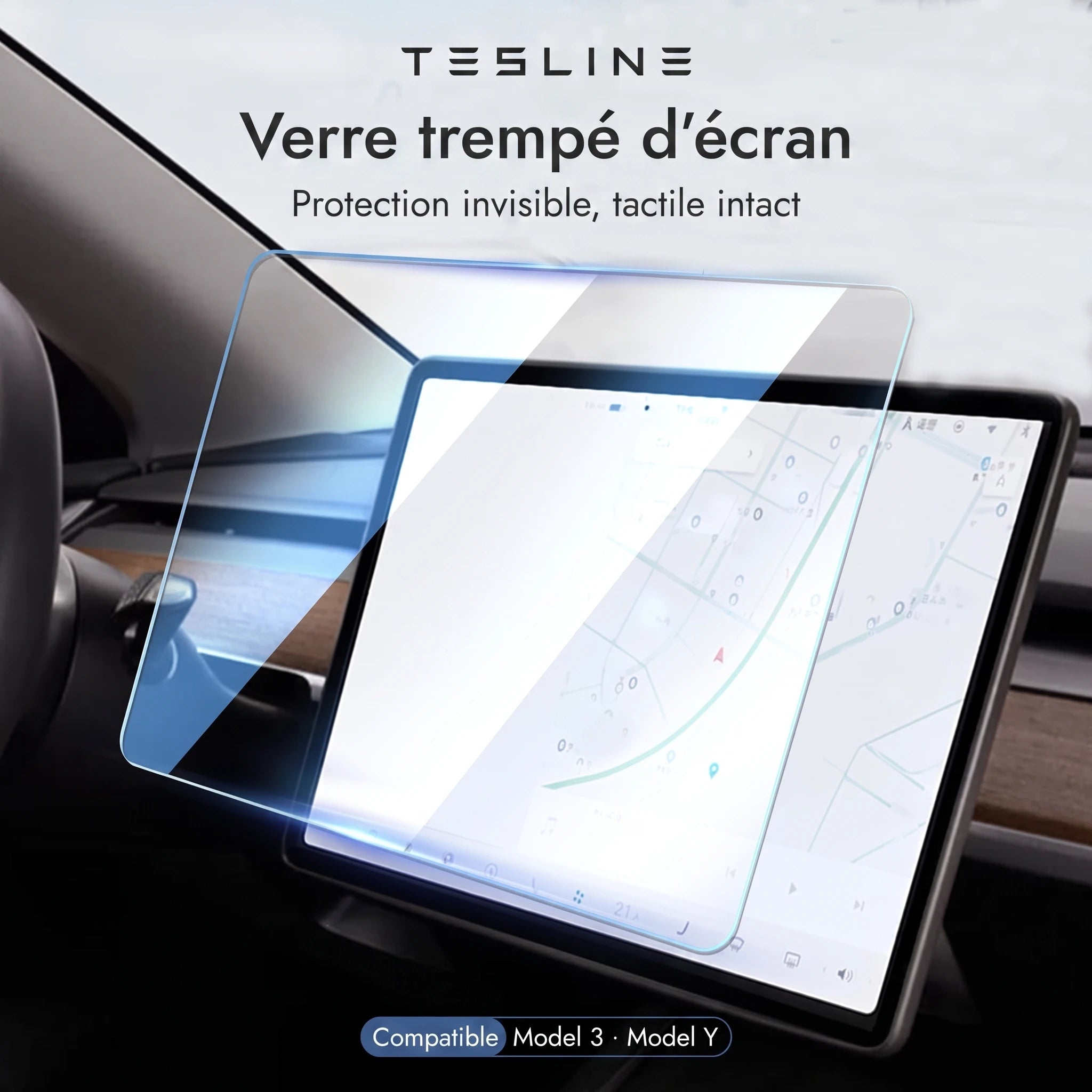 Verre trempé Tesline pour écran central 15 pouces Tesla Model 3 et Y