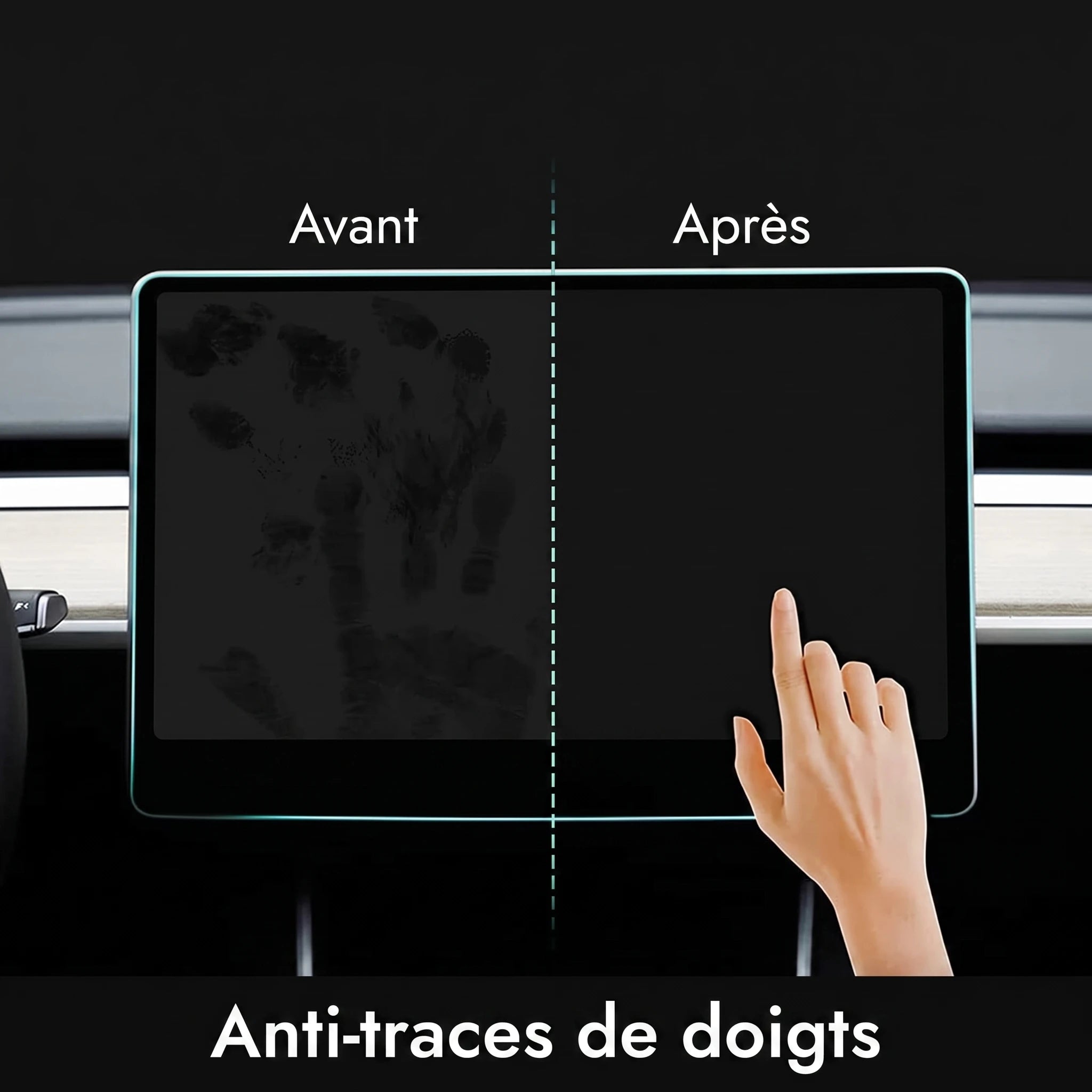 Avant après revêtement anti-traces de doigts sur écran Tesla